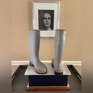 Gray Tall Rain Boots with Red Accents